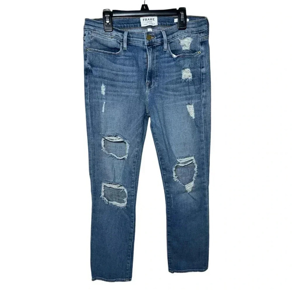 Frame Denim Denim - Frame Denim Le High Straight Distressed Jeans Straight Leg Medium Light Wash